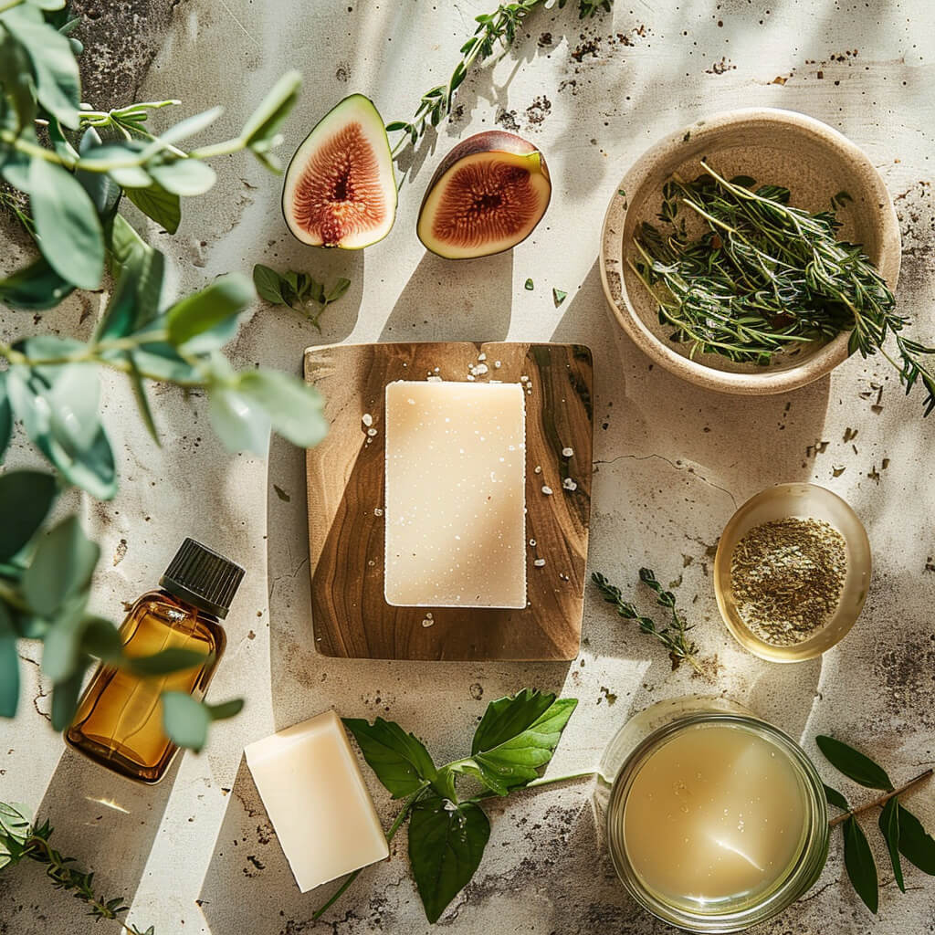 Natural products including soap, herbs, and a bottle of oil on a textured surface with greenery.