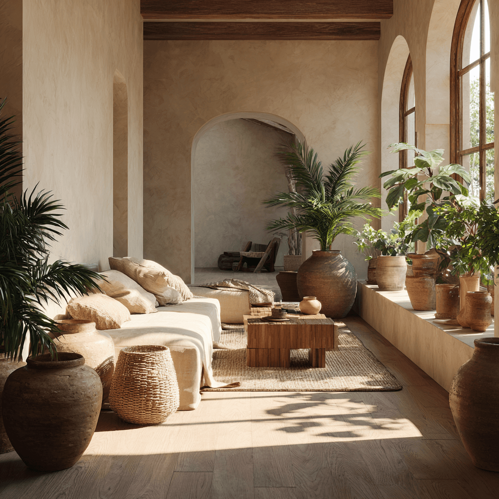 Sunlit Mediterranean-inspired living space with neutral tones, woven textures, terracotta pots, and lush green plants beside arched windows, calm and natural interior design.