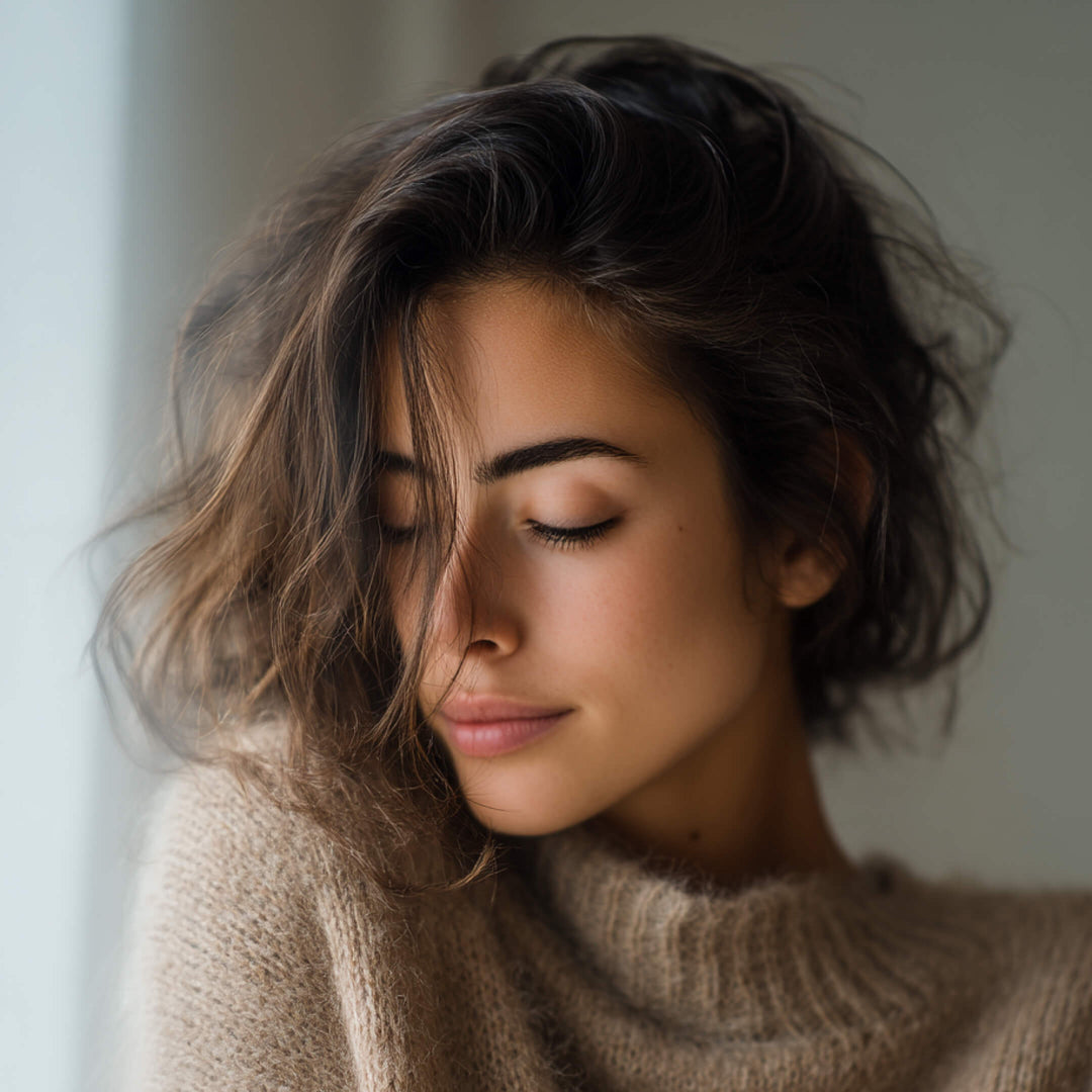 Woman with soft natural makeup and tousled hair wearing a cozy beige sweater, eyes closed and slight smile, captured in gentle natural light.