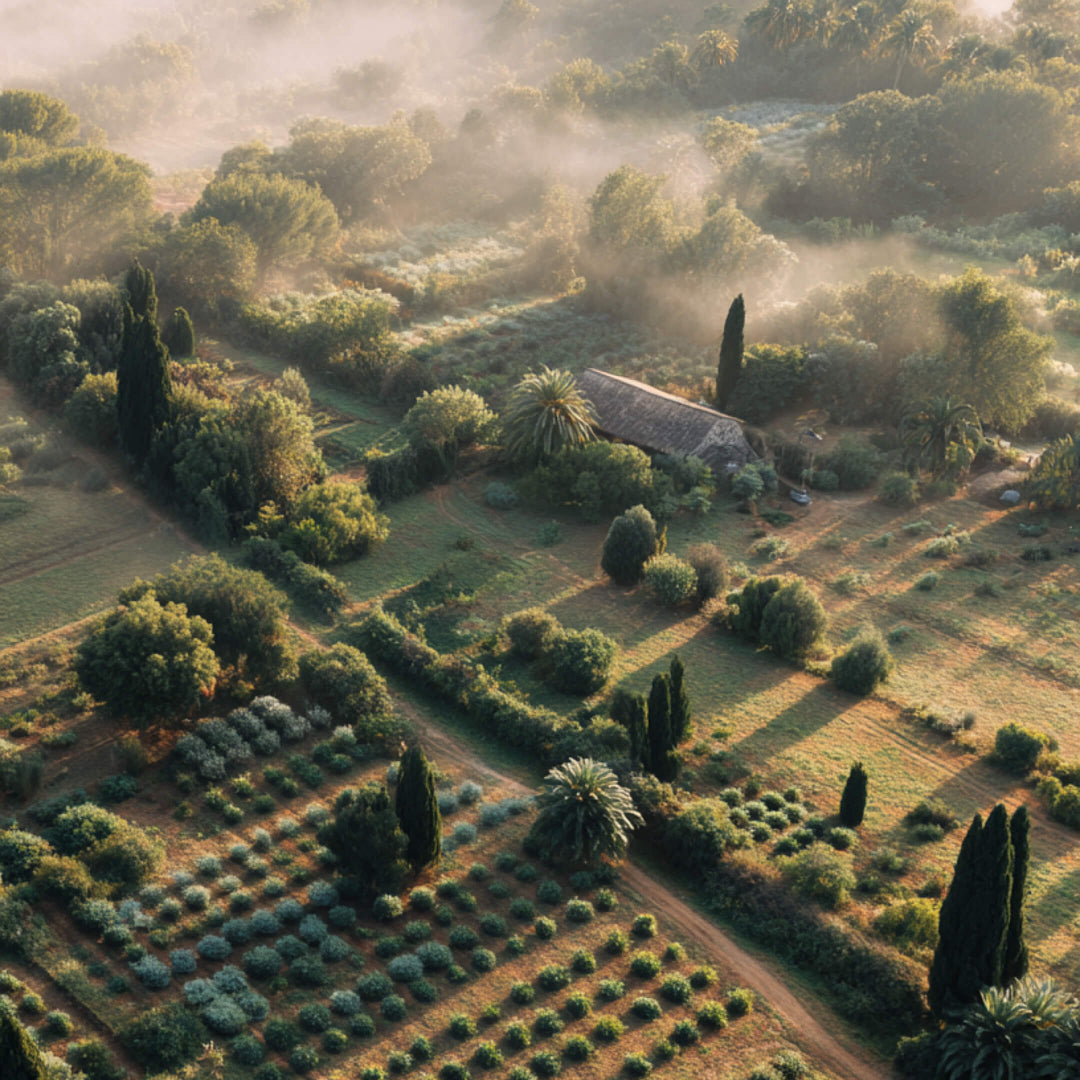 A serene aerial view of a Mediterranean-style farm at sunrise, with geometric rows of herbs, lush green trees, tall cypress plants, and soft morning mist drifting over the landscape.