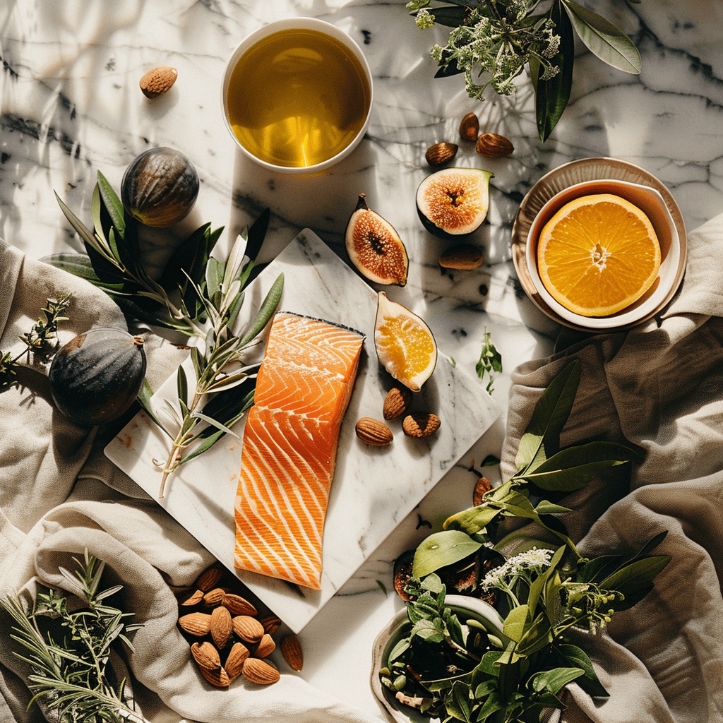 Flat lay of Mediterranean ingredients on a marble counter, salmon, figs, almonds, orange slices, olive branches, and herbs arranged in warm natural light.