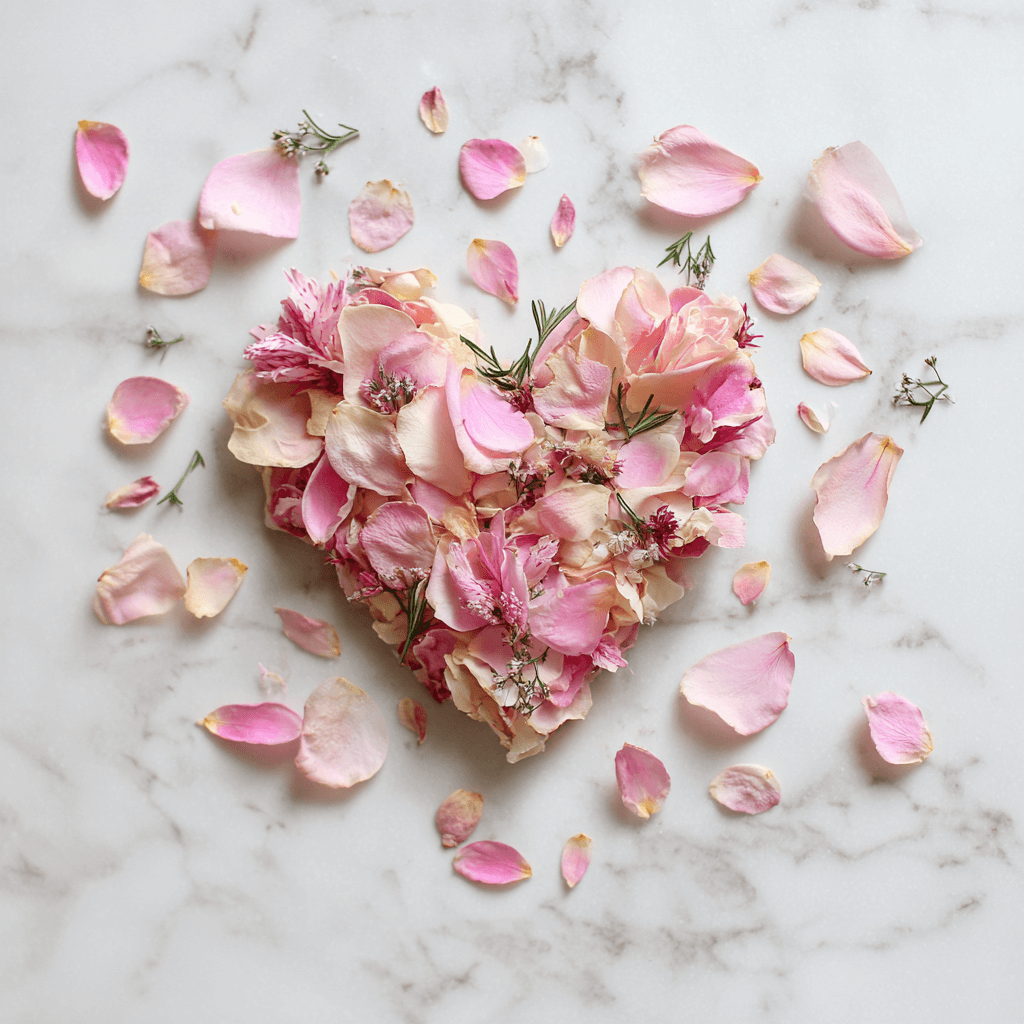 A heart shape made entirely of dried rose petals