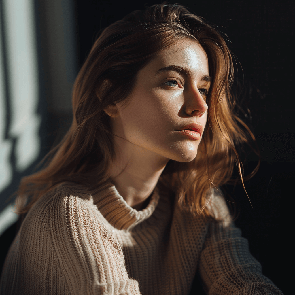 Woman sitting in soft natural light wearing a beige sweater, looking thoughtful with sunlight highlighting her skin and hair, a calm, natural beauty moment.