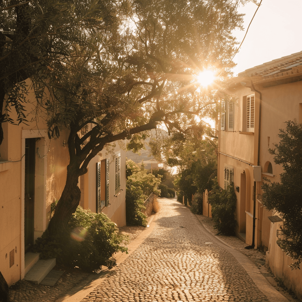 Sunlit cobblestone street lined with terracotta houses and olive trees in a Mediterranean village, golden light filtering through the branches at sunset.