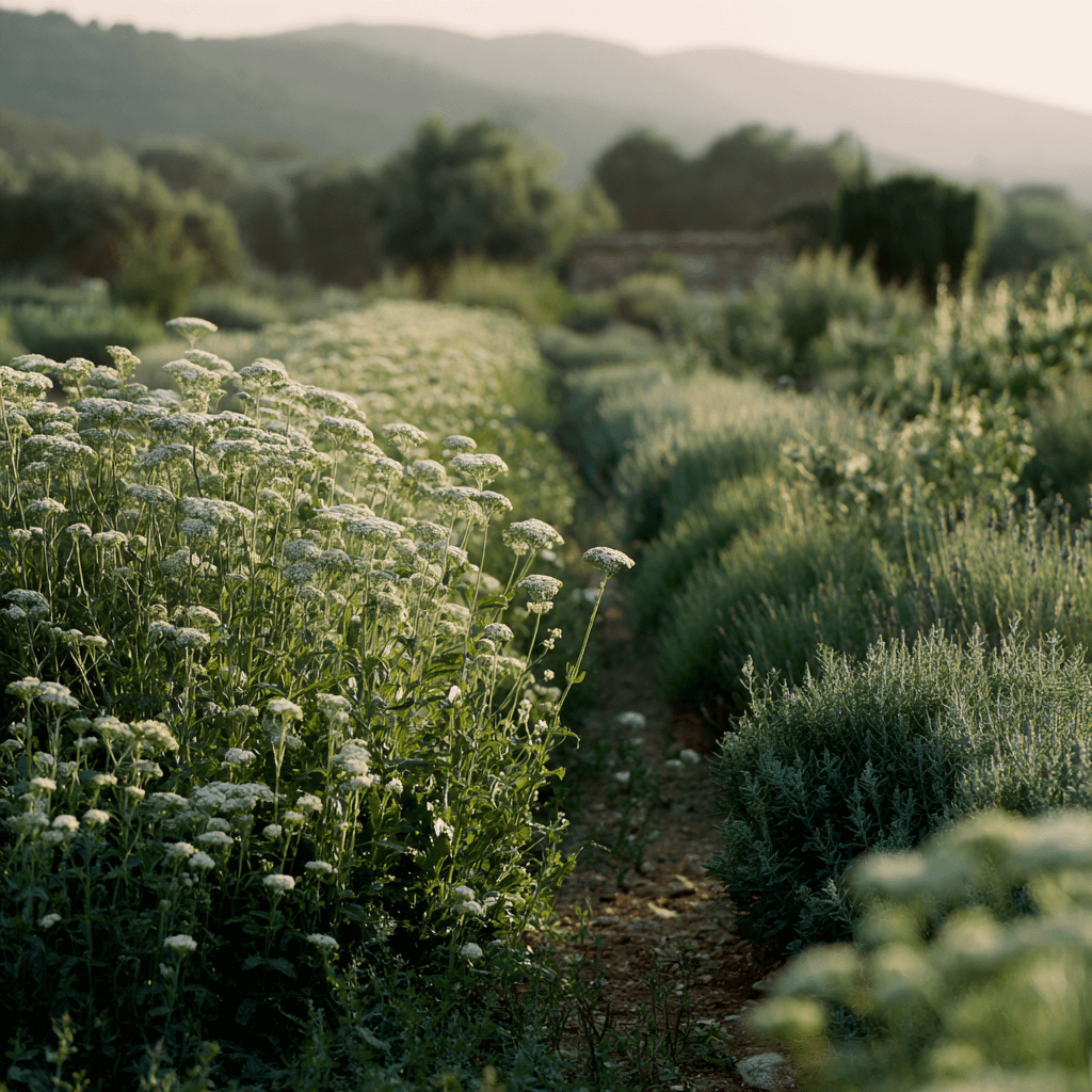 Rows of French-grown botanicals in soft morning light on a Provence farm.