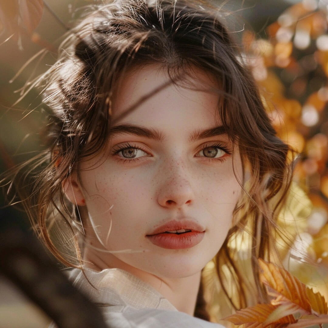 Woman with soft freckles and loose hair framed by autumn leaves, looking into the camera under warm natural light, calm and radiant expression.