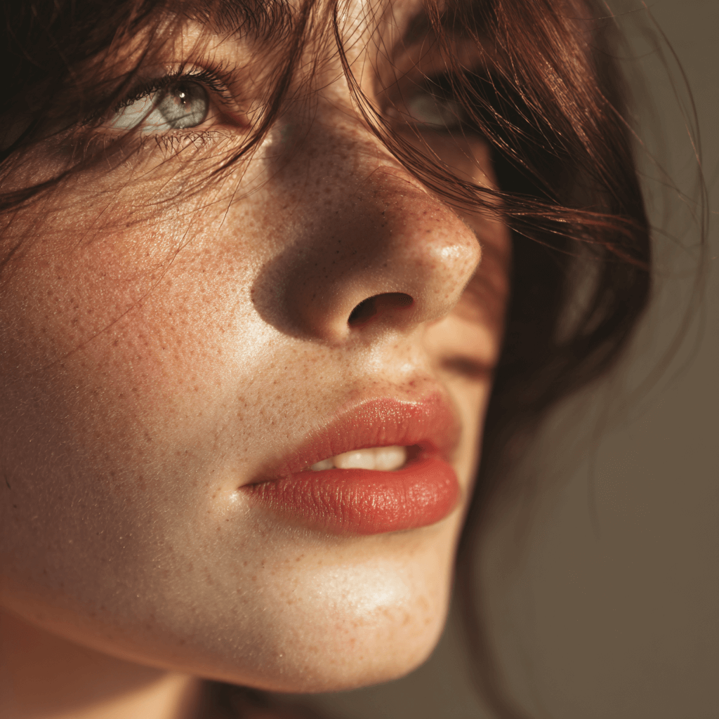 A close-up of a beautiful woman’s face where her natural pores are clearly visible.
