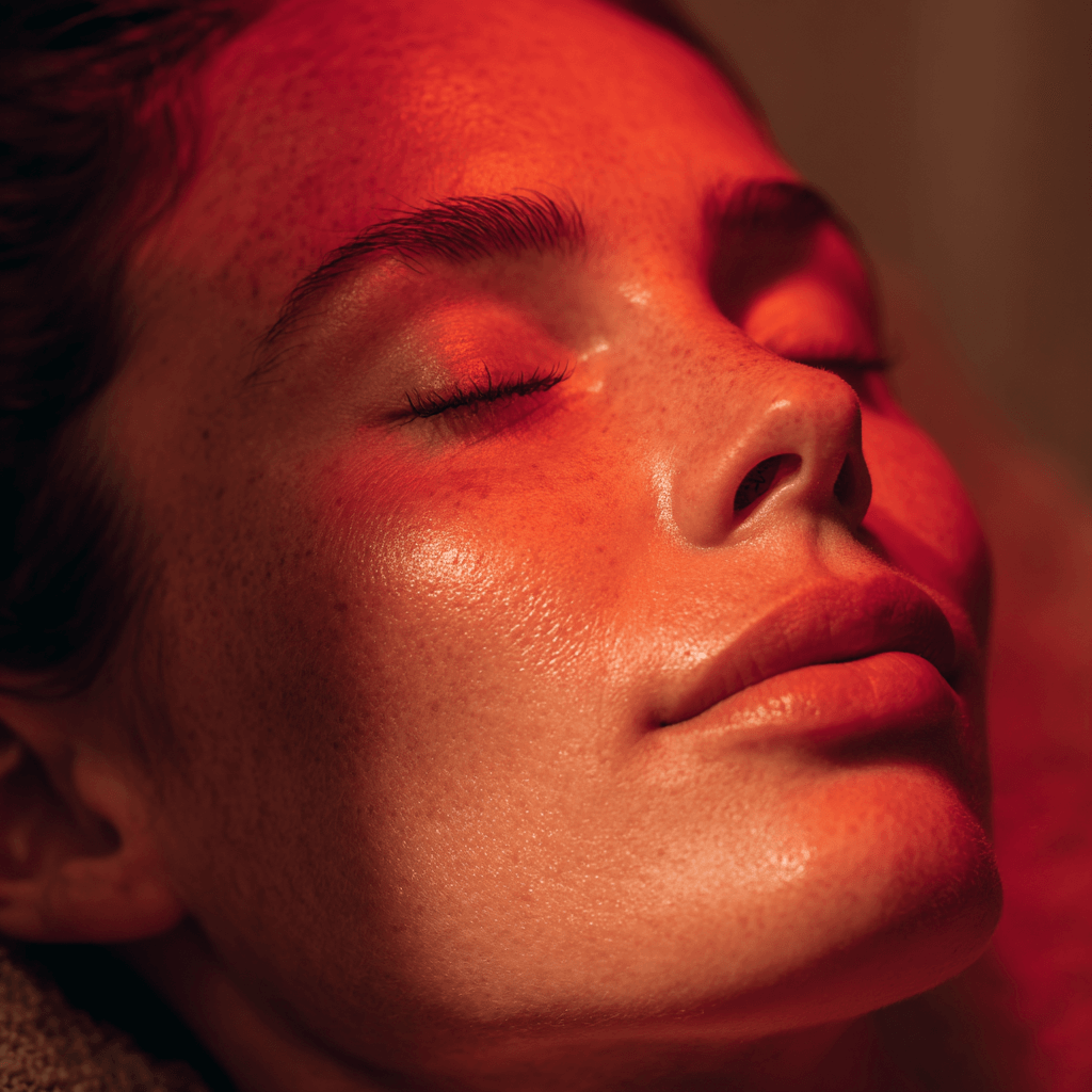 Woman relaxing under a soft red LED light therapy mask, eyes closed, surrounded by warm marble and linen textures, symbolizing calm modern skincare rituals.