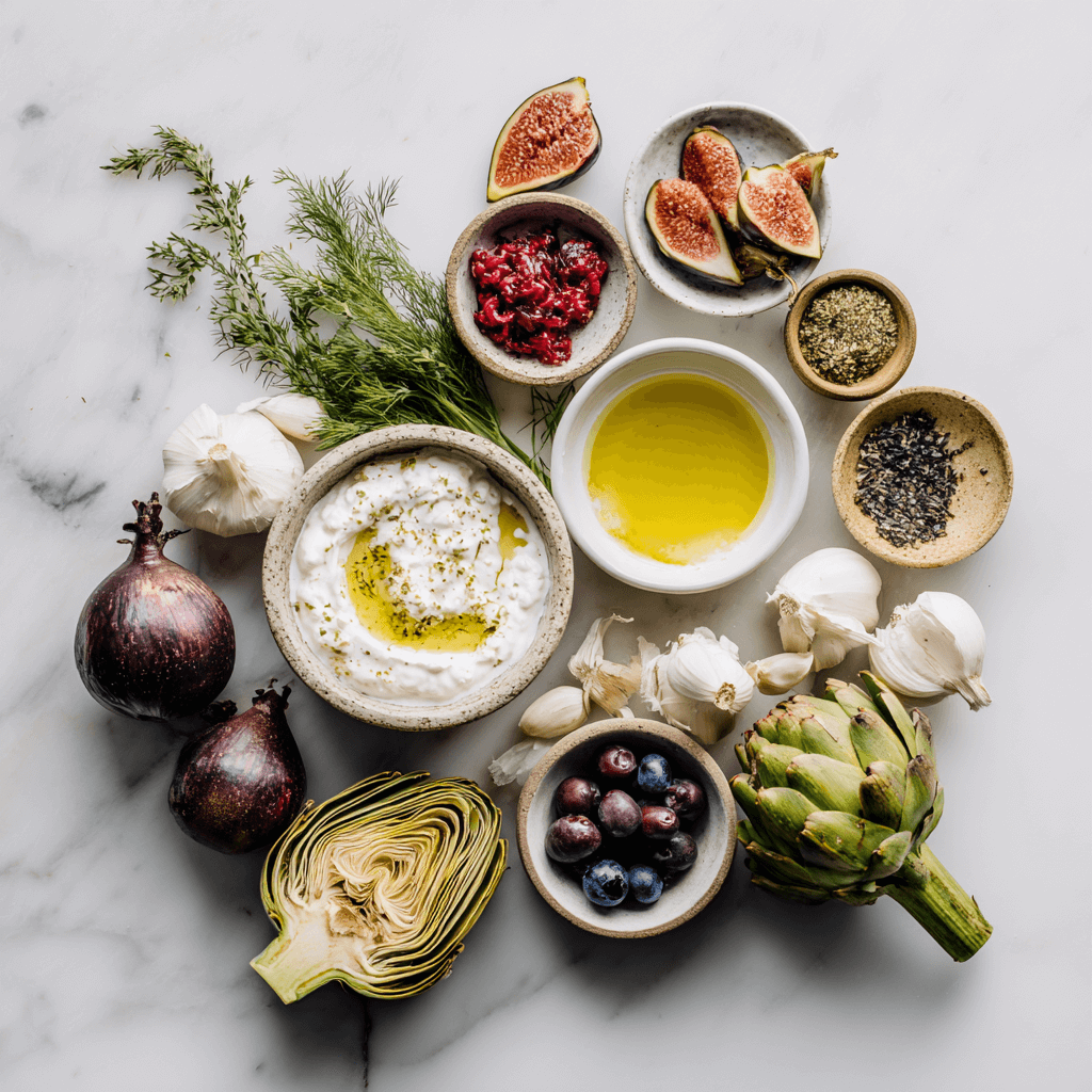 Gut-healthy Mediterranean ingredients arranged on a cool white marble counter, including yogurt, figs, olive oil, kimchi, garlic, leeks, and fresh herbs, a clean, sunlit flat lay that reflects the connection between diet and radiant skin.
