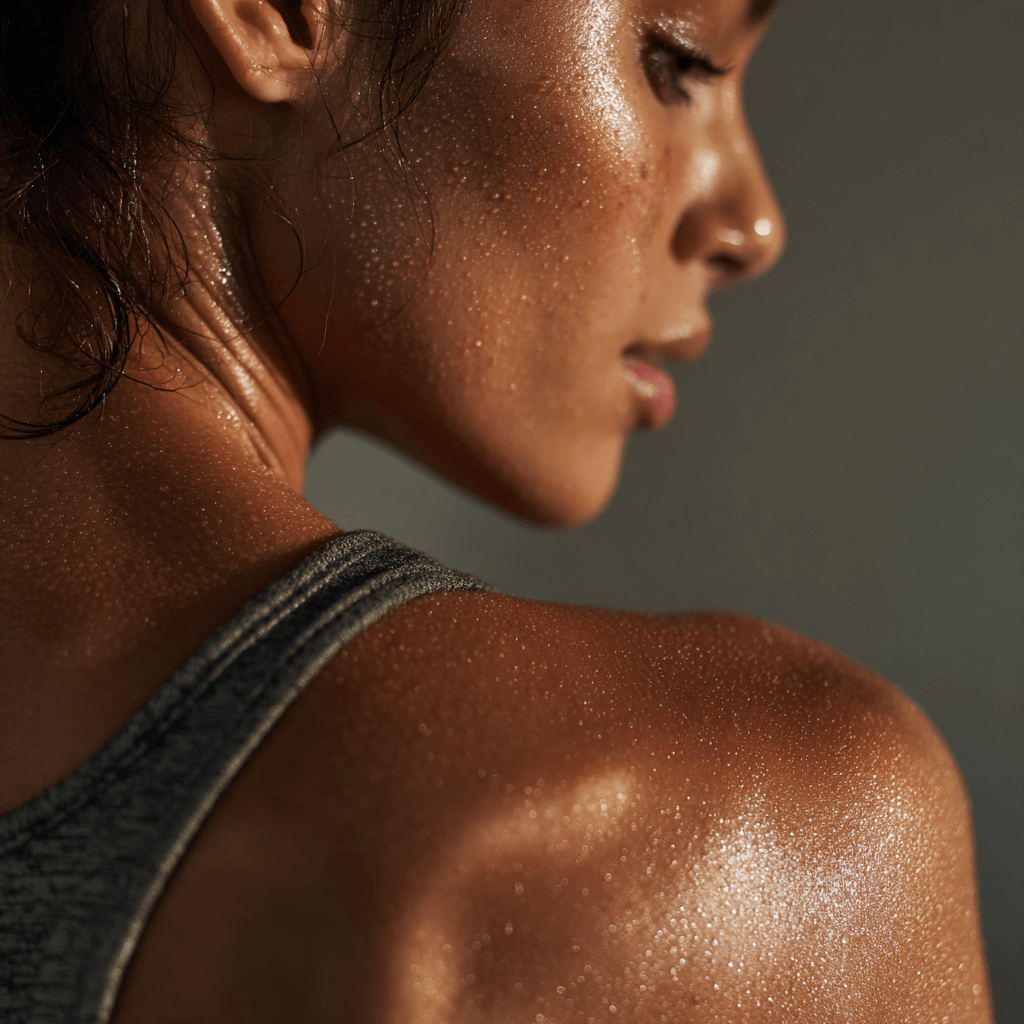 A close-up image of a woman’s upper back and shoulders glistening with sweat in soft gym lighting. Her skin shows subtle natural texture and slight post-workout breakouts, with a blurred neutral-toned fitness background.