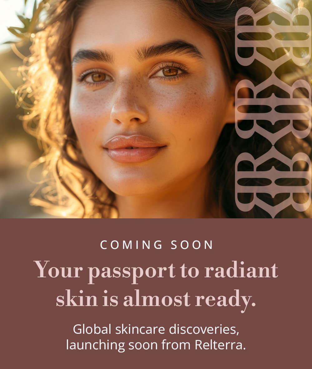 Promotional image for Relterra skincare with a woman's face and text about global skincare discoveries.