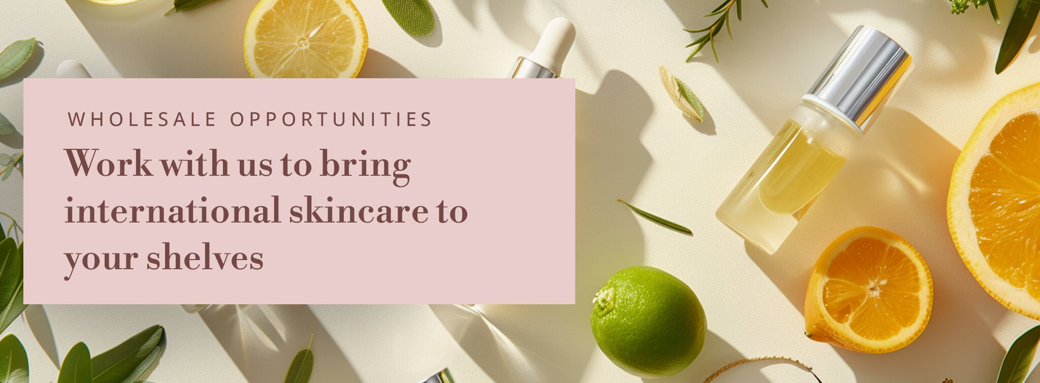 Flat lay of citrus fruits, green leaves, and glass skincare bottles in sunlight, with a blush-pink overlay that reads “Wholesale Opportunities — Work with us to bring international skincare to your shelves.” The image conveys a fresh, Mediterranean-inspired aesthetic for Relterra’s wholesale skincare program.