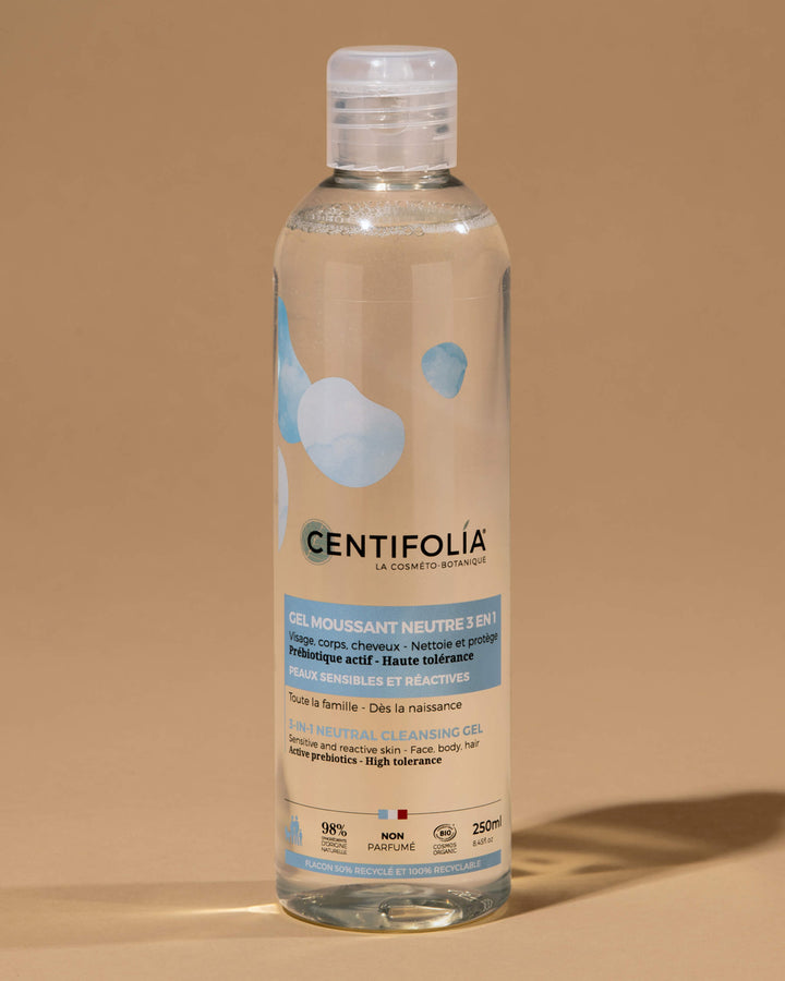 Bottle of Centifolia 3 in 1 Cleansing Gel on a beige background