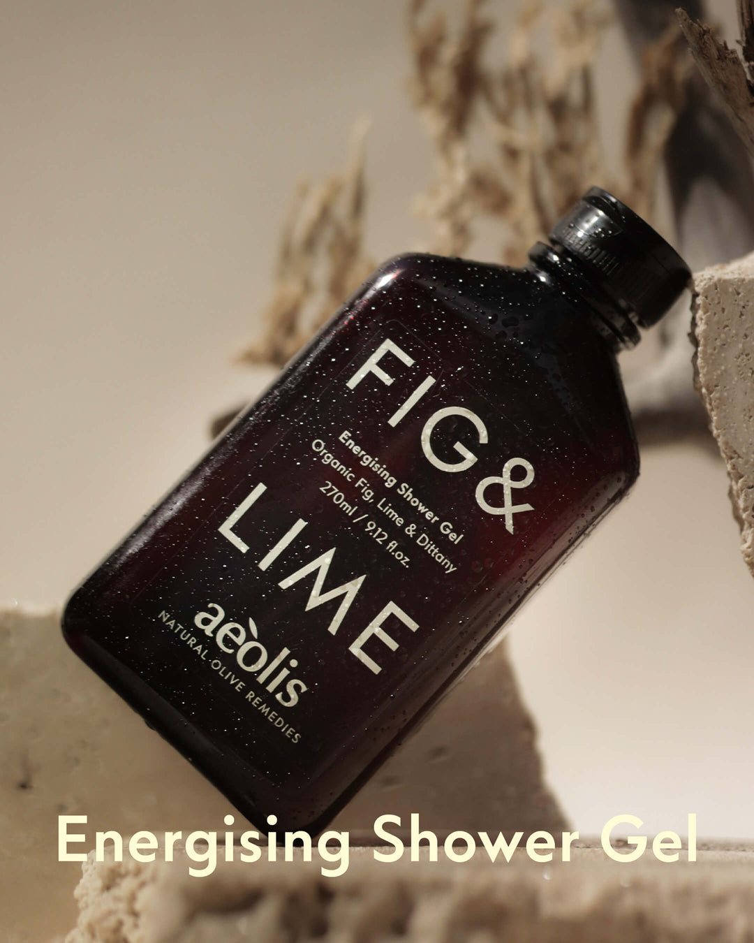 Bottle of Fig &amp; Lime shower gel by Aeolis on a neutral background