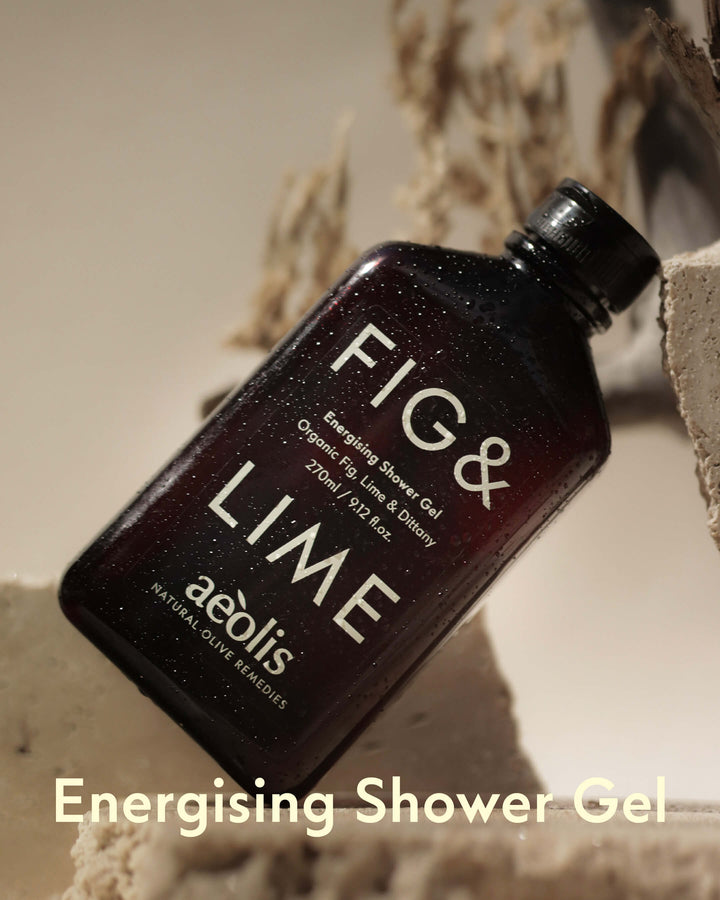 Bottle of Fig &amp; Lime shower gel by Aeolis on a neutral background