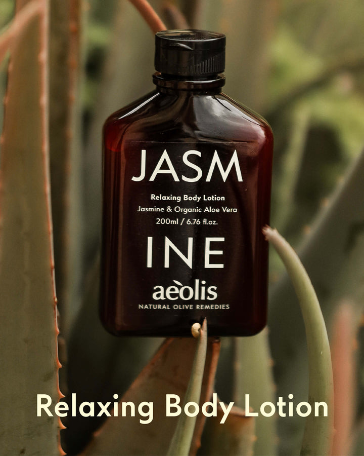 JASMINE Aeolis Relaxing Body Lotion bottle with plant background