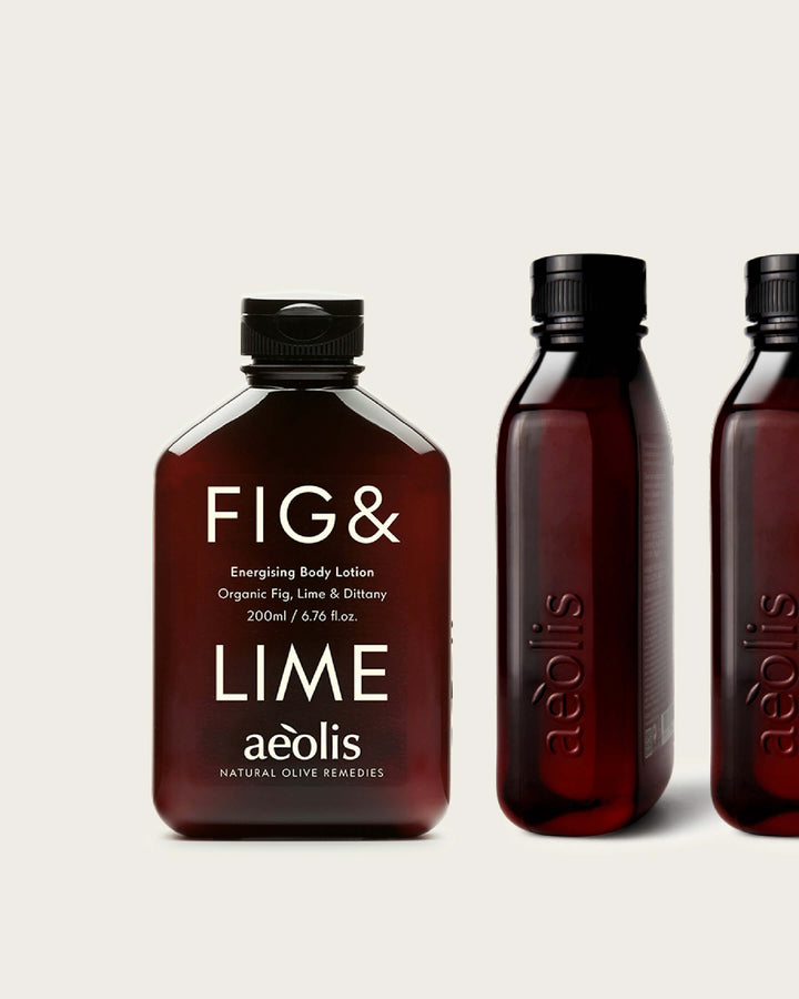 Bottle of FIG &amp; LIME body lotion by Aeolis