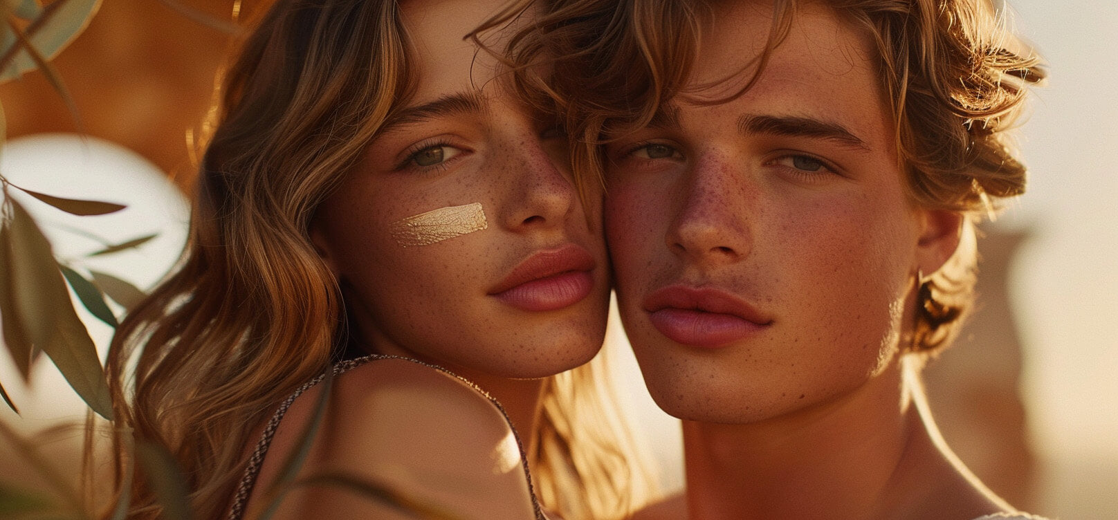 Two people with sun-kissed skin standing close together outdoors.