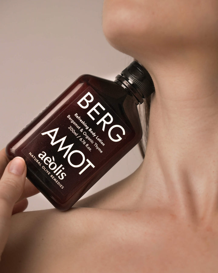 Bottle of Bergamot refreshing body lotion by Aeolis.