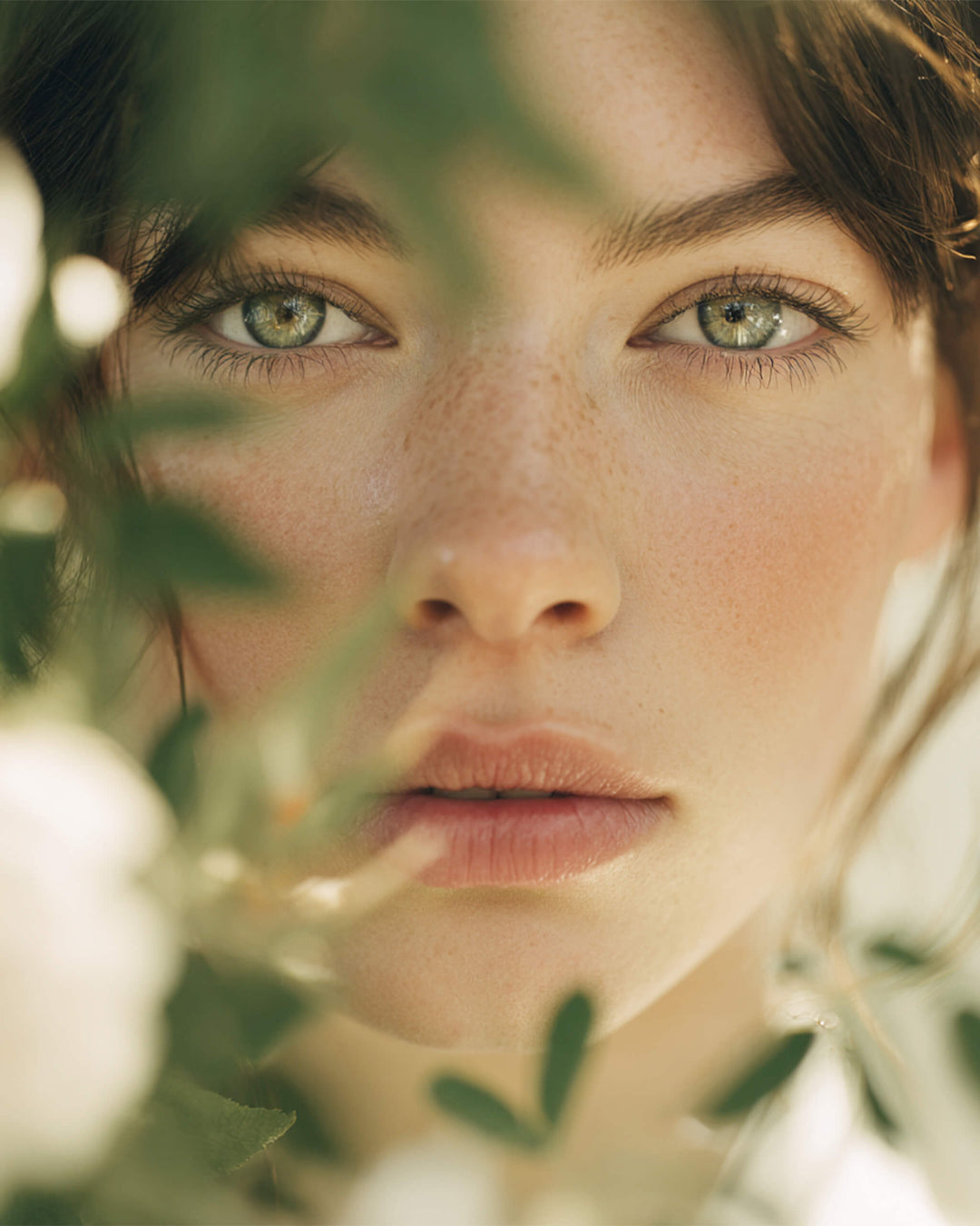 Close-up of a person's face with green eyes, framed by leaves