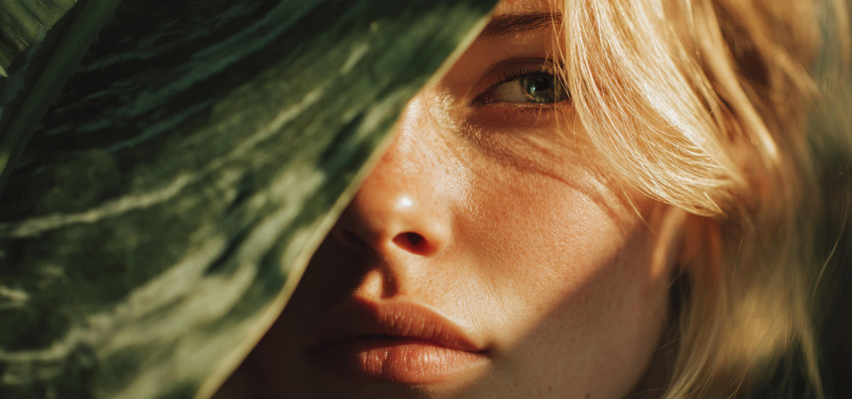 Close-up of a person with blonde hair and green eyes, partially obscured by a leaf.