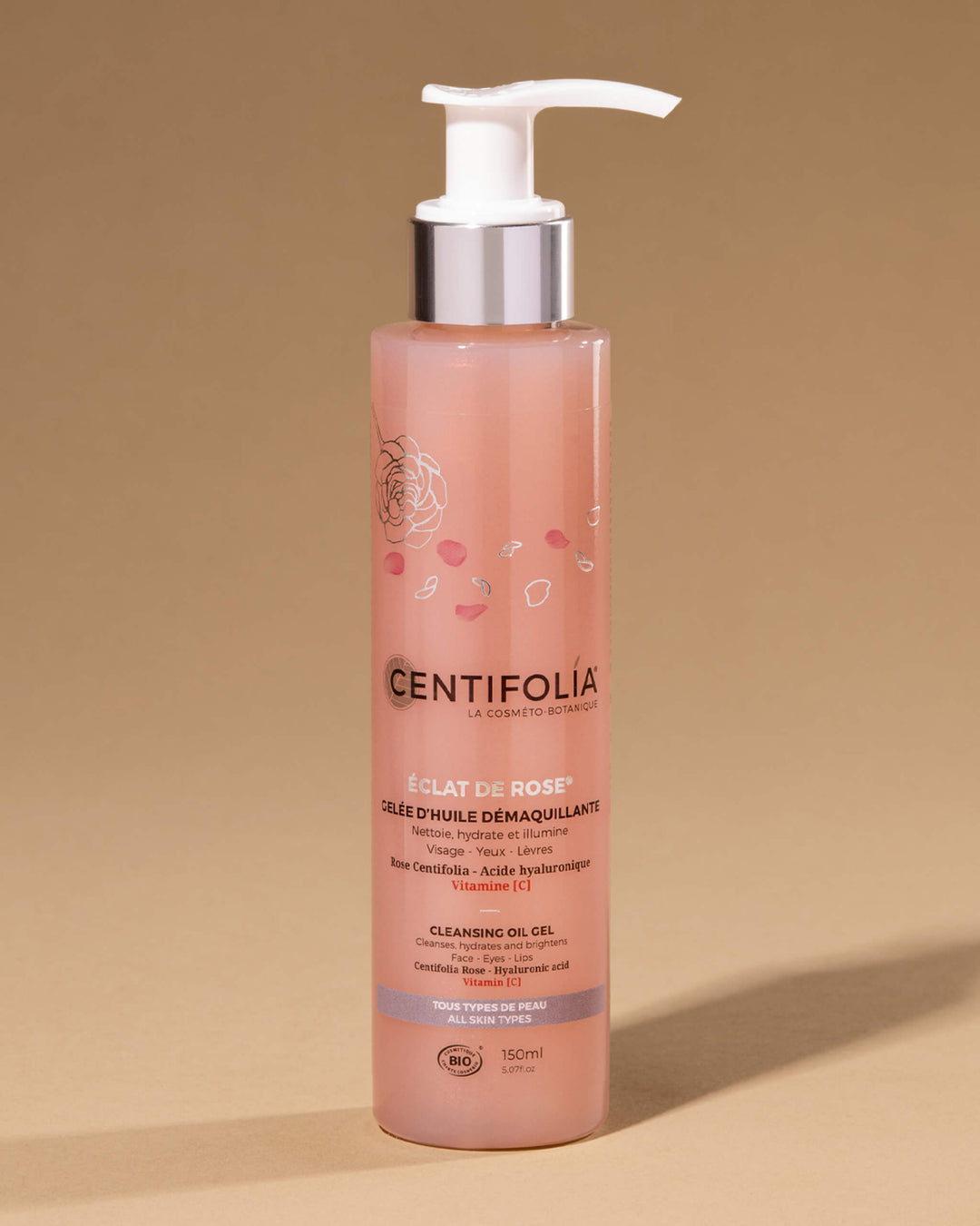 Centifolia cleansing oil gel bottle on a beige background