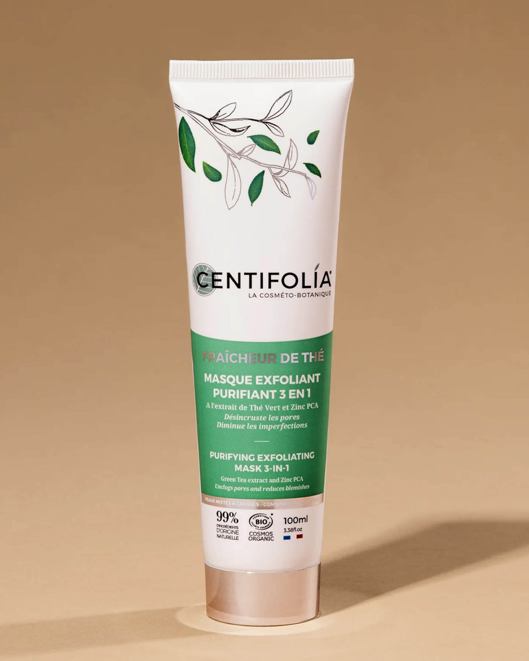 Centifolia purifying exfoliating mask tube on a beige background