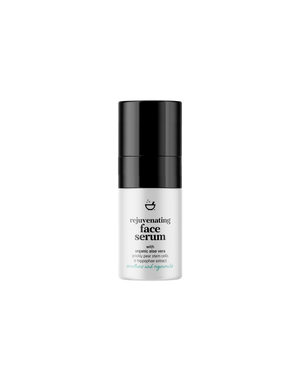 Skincare serum bottle labeled 'rejuvenating face serum' on a white background