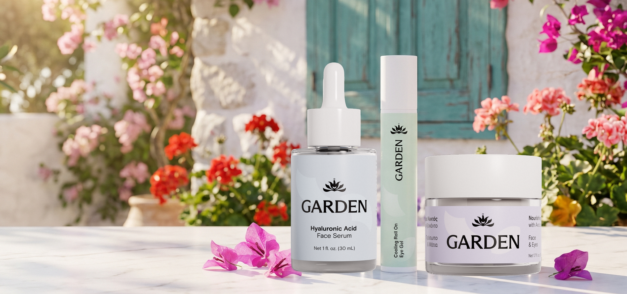 Garden skincare trio — hyaluronic serum, cooling eye roll-on, and nourishing night cream on a marble table in a sunlit Greek courtyard with teal shutters and bougainvillea