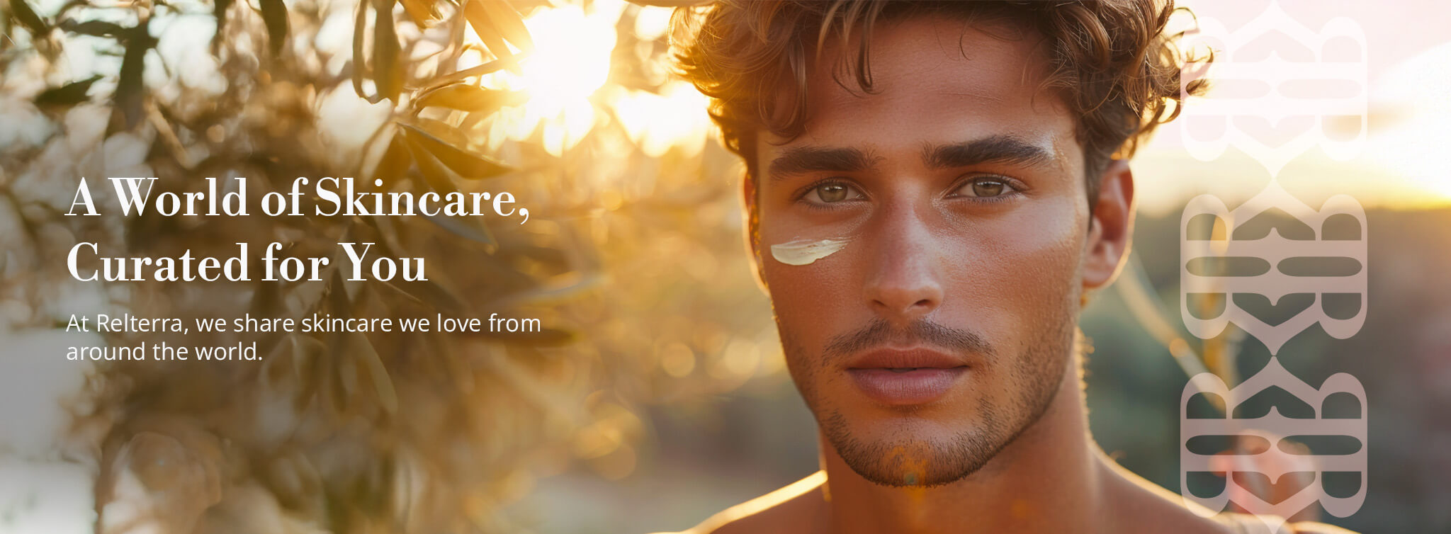 Man with skincare products on his face with text about a world of skincare curated for you.