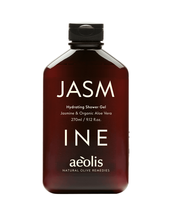 Bottle of Jasmine &amp; Organic Aloe Vera shower gel by Aeolis.