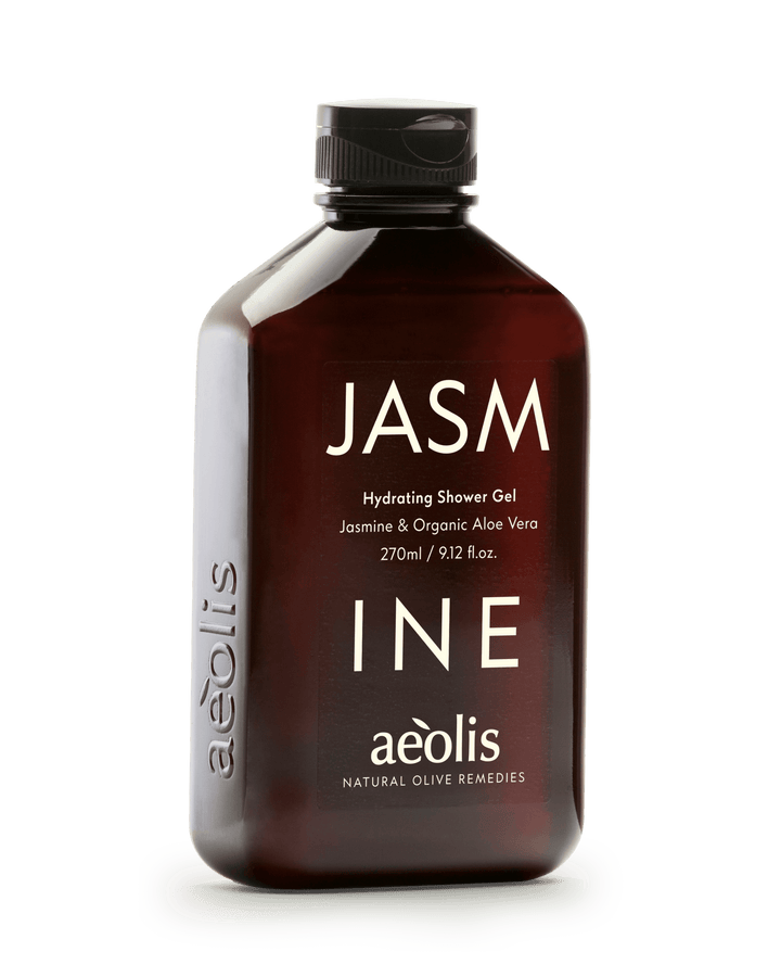 Bottle of Jasmine &amp; Organic Aloe Vera shower gel by Aeolis.