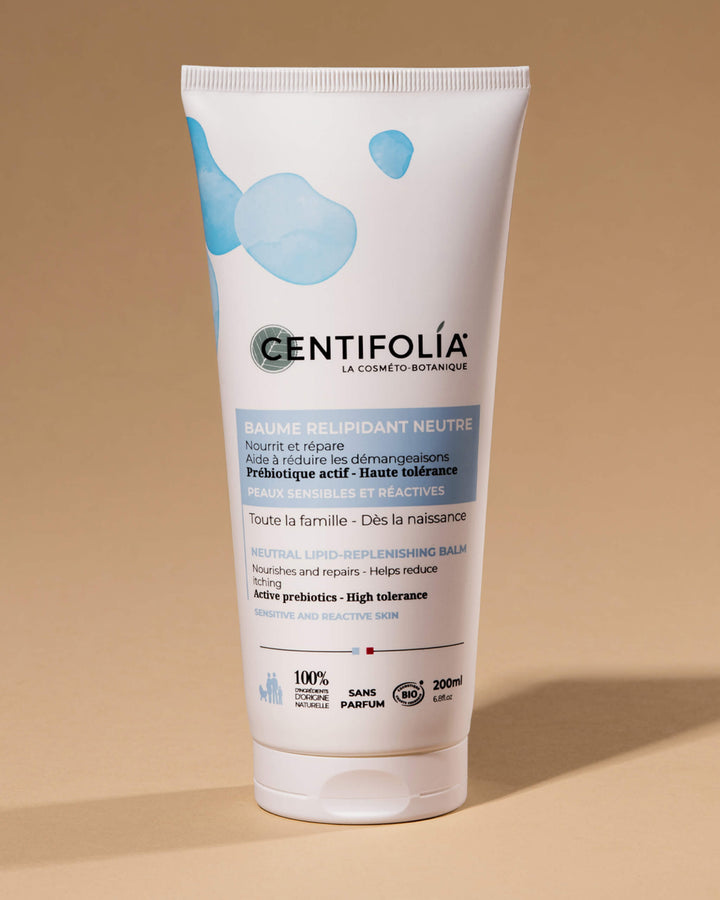 Centifolia skincare balm tube on a beige background