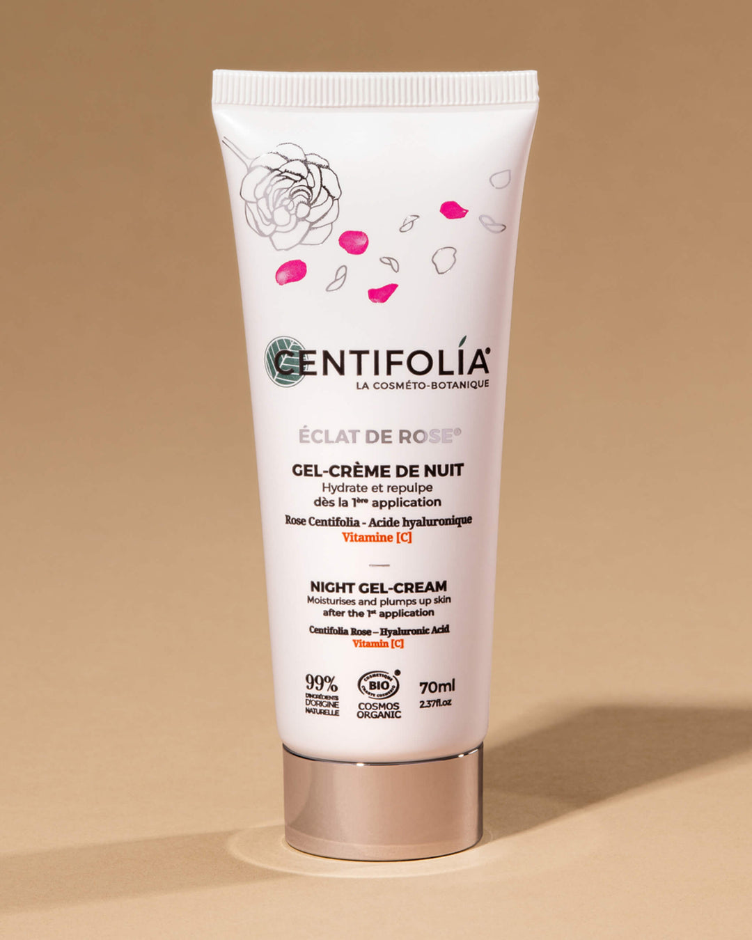 Centifolia night gel-cream tube on a beige background