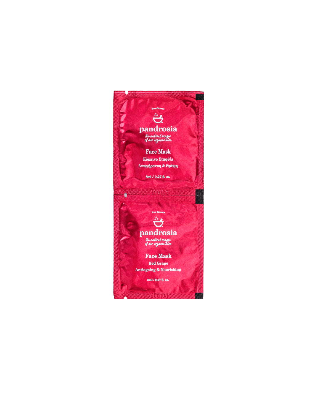 Two red face mask packets
