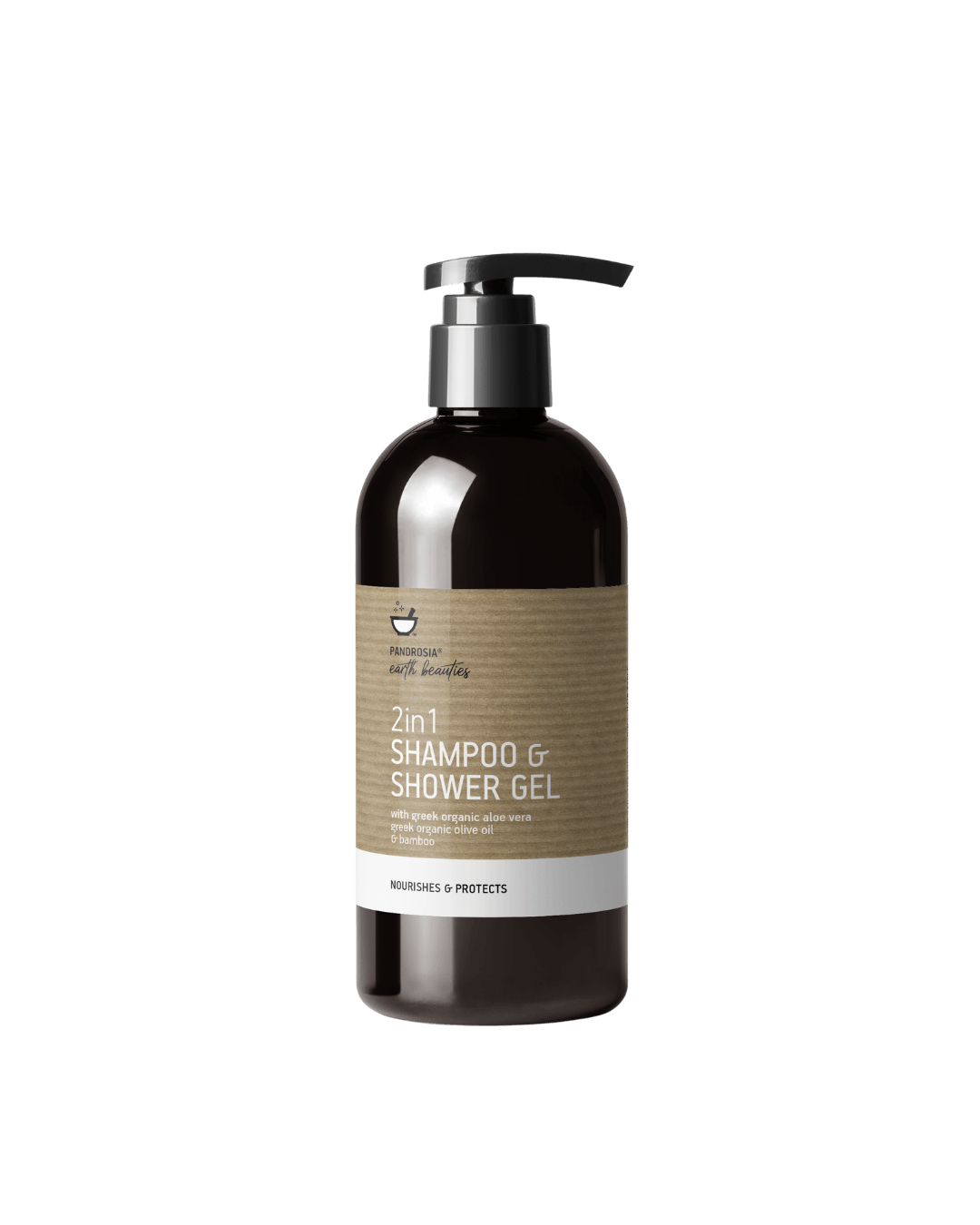 Bottle of 2-in-1 shampoo and shower gel with a brown label