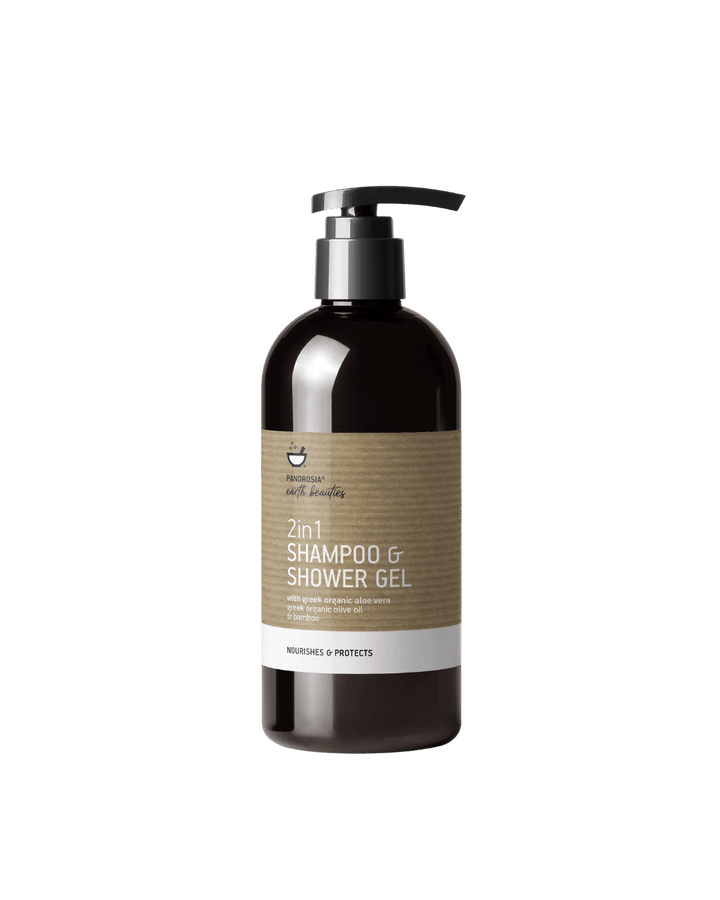 Bottle of 2-in-1 shampoo and shower gel with a brown label